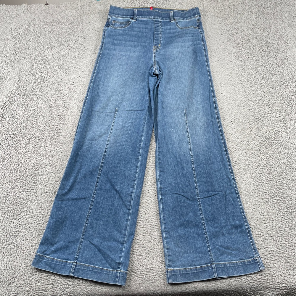 Spanx Jeans Women XL Tall Blue Wide Leg Pull On Seamed Front Stretch Denim Pants